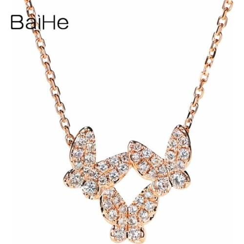 BAIHE Solid 18K Rose Gold 0.29ct Natural Diamonds Wedding Women Trendy Fine Jewelry gift Beautiful butterfly Diamond Necklaces