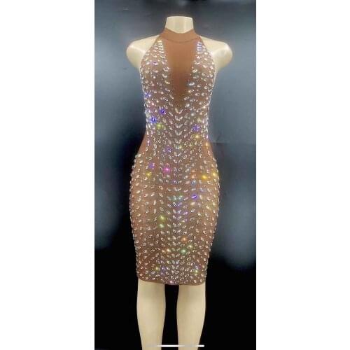 Sparkly Silver Crystals See Through Sleeveless Brown Dress Prom Party Mesh Evening Outfit Dance Birthday Celebrate