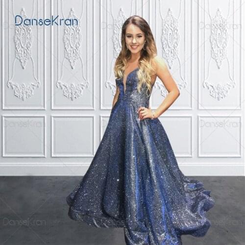 Illusion V-Neck Sparkly Blue Prom Dresses 2021 Shiny Long Formal Evening Dresses For Party Zipper Up Back A-Line robes de soirée
