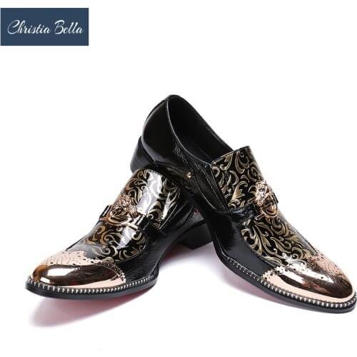 Christia Bella Italy Mens Pointed Metal Toe Dress Shoes Black Party Shoes Gold Floral Print Patchwork Men Leather Formal Shoes