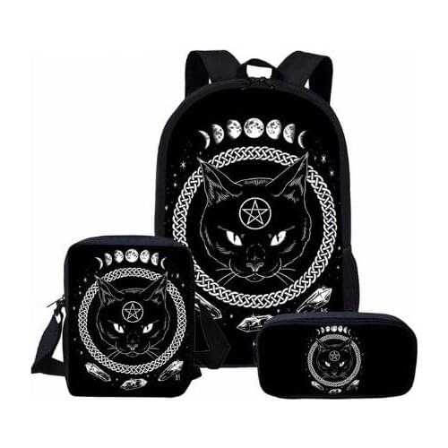 Chirldrens 3PC Set School Backpack Gothic Black Cat Pattern Primary Kids Schoolbags Girls Casual Book Bags Satchel