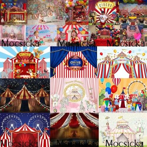 Mocsicka Circus Theme Birthday Party Backdrop Newborn Children Portrait Photo Background Red Tent Circus Carnival Photocall