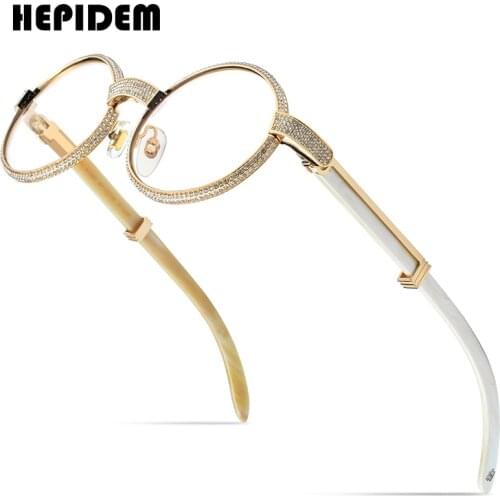 HEPIDEM Buffalo Horn Glasses High Quality Men Round Glass Brand Designer Luxury Diamond Sumptuous Eyeglasses for Women 7550179
