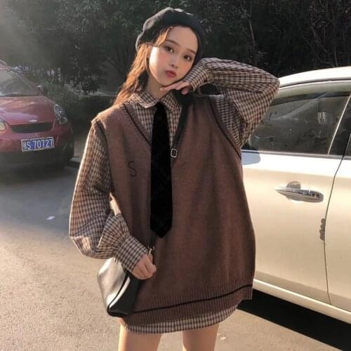 Korean Plaid Shirt + Embroidery Knitted Vest New Vintage Preppy Style V Neck Two-piece Suit Autumn Winter Pullover Sweater Women