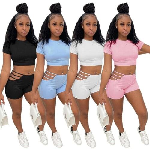 Echoine Women Sexy summer solid crop top and Hollow Out shorts jogger sweatpants suit two piece set sport matching set outfits
