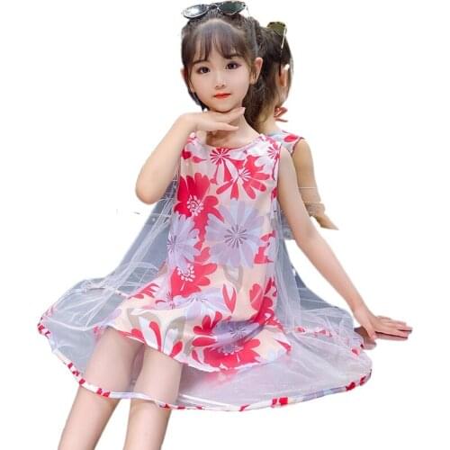 Summer Dresses for Girls Floral Pattern Elegant Kids Mesh Voile Teens Clothes Casual Chiffon Sleeveless Vest Dress