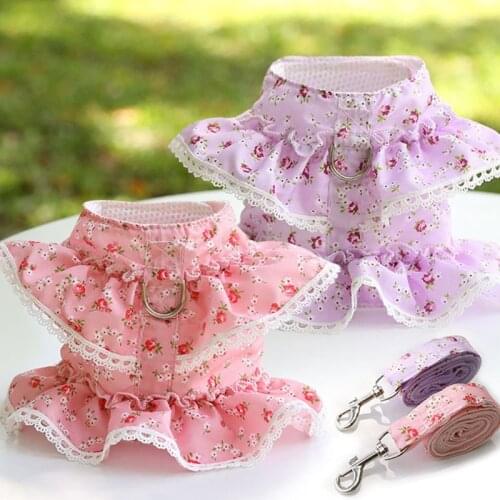 Small Floral Print Dog Harness and Leash Set Cute Lace Dog Vests Pet Walking Lead Leash For Cat Harness