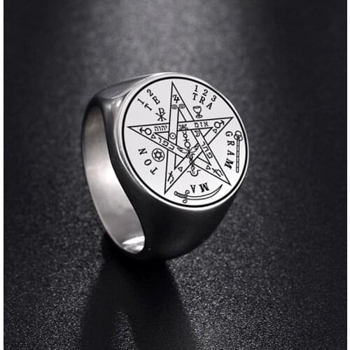Vintage Tetragrammaton Viking Rings Wahyeh Magical Blessed Pentagram of Solomon Amulet Stainless Steel Talisman Mens Ring Punk