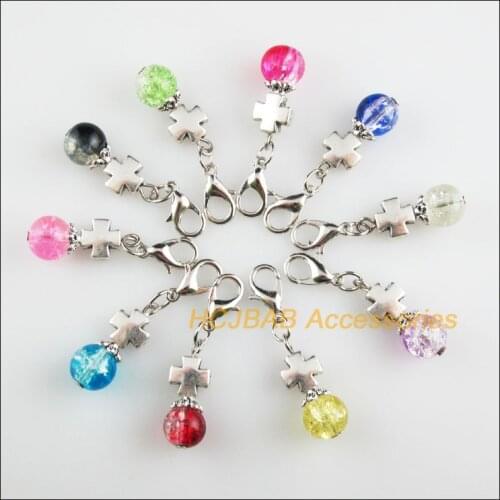 10 New Cross 8.5x20mm Charms Mixed Shivering Glass Tibetan Silver Plated Retro With Lobster Claw Clasps