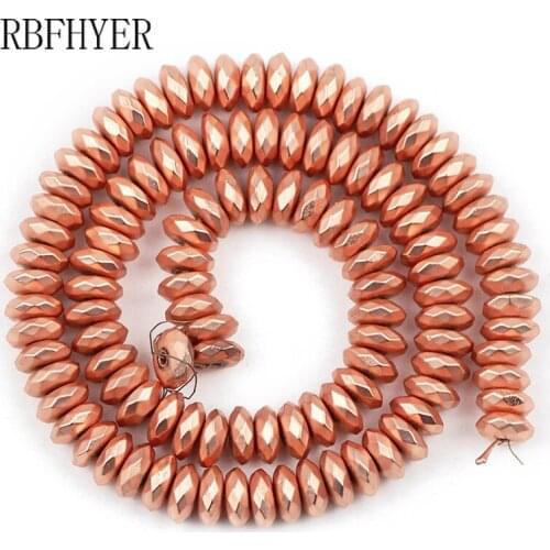 RBFHYER Matte Faceted Flat Round Rose Gold Natural Hematite Stone Loose Spacer Beads For Handmade Charm bracelet Jewelry Making