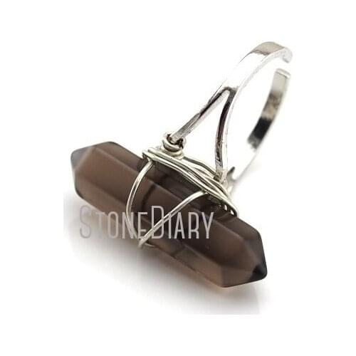 RM11466 10Pcs Realease Smoky Quartzs Ring Winding Silver Electroplated Faceted Double Terminated Point Ring For Sale Adjustable
