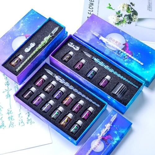 3/7/13 Pcs Crystal Glass Pen Glitter Powder Fountain Pen 12 Colors Ink Dip Pen Starry Sky Unicorn Gift Box Set Writing Supplies
