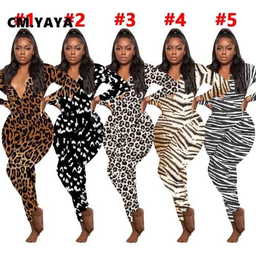 CM.YAYA Active Zebra Leopard Long Sleeve Bodycon Button Up Jumpsuit Women Club Party One Piece Overall Romper 2021 Spring winter