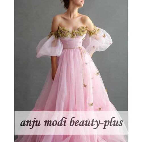 Light Pink Long Off Shoulder Prom Dresses Gold Embroidery Tulle Sleeveless Formal Evening Party Ball Gown Robe De Soiree