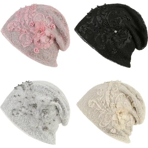 2pcs Women New African Lace Fabric Pearl Flower Cotton Ladies Bathing Pure Color Hollow Out Double-deck Thin Style Skullie
