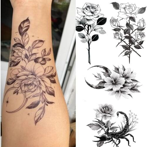 Temporary Tattoo Sticker Black Flower Body Legs Arm Art Realistic Waterproof Fake Tattoo Festival Party Bikini Women Girl Makeup