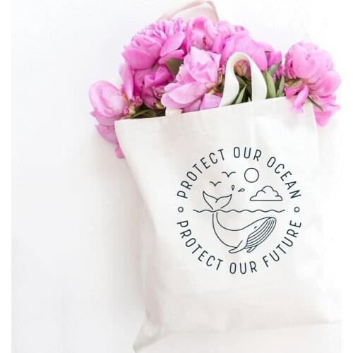 Women Canvas Shoulder Bag Rotect Our Ocean Protect Our Future Printing Shopping Bags Students' Book Bag Handbags Tote for Girls