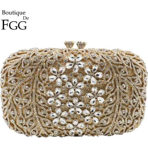 Boutique De FGG Women Flower Evening Bags Clutches Hand-Made Crystal Minaudiere Purses and Handbags Party Wedding Bag