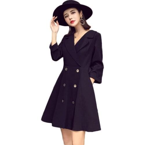 Elegant 2020 New Fashion Womens Dress Suits Streetwear Long Double Breasted Coats V-Neck Temperament High Waist Slim Dress Suits