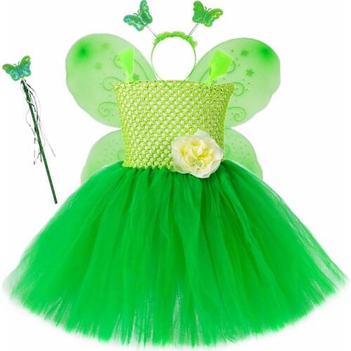1 Set Magic Garden Fairy Tutu Dress Up Tulle Princess Girl Birthday Party Dress Green Kids Halloween Cosplay Costume with Wings