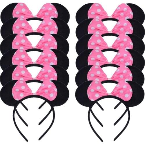 12pcs Minnie Ears White Polka Dot Pink Bow Headbands Hallowee Birthday Party Favors Kids Girls Boys Hair Accessories