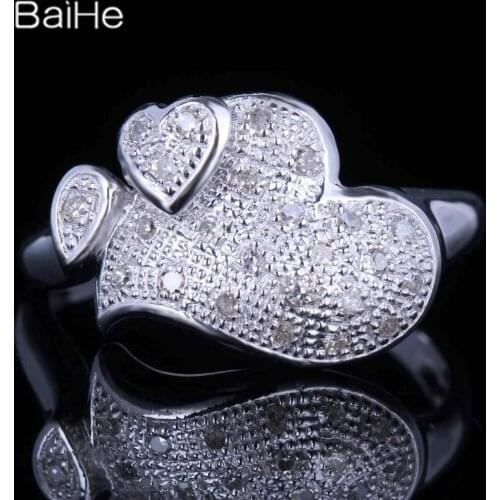 BAIHE Sterling Silver 925 0.2CT Certified H/SI Round Natural Diamonds Engagement Women Classic Fine Jewelry Heart Diamond Ring