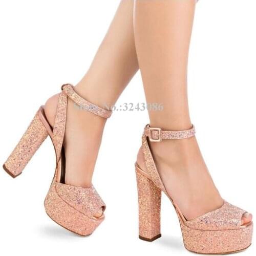 New Bling Chunky Heel Platform Sandals Shoes Women Fashion Peep Toe Ankle Strap Thick Heel Sandals Lady Large Size Dress Shoes