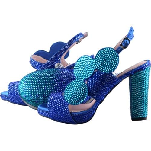 BS1193 Custom Made Turquoise Crystal Royal Blue African Women Shoes With Bag Matching Set Women Shoes High Heel Dress Sandals