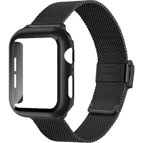 For apple watch case + band se 6 5 4 3 44mm 40mm 42mm 38mm Milanese loop + Tempered Glass Screen Protector case for iwatch bands