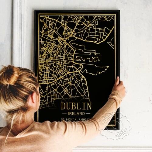Black Golden Dublin Satellite Image Line Art Prints, Ireland Dublin Map Poster, Nordic Geography Location Wall Home Decor Gift