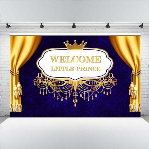 Welcome Little Prince Photo Background Newborn Baby Shower Backdrop Royal Golden Crown Blue Damask Backgrounds for Shoot