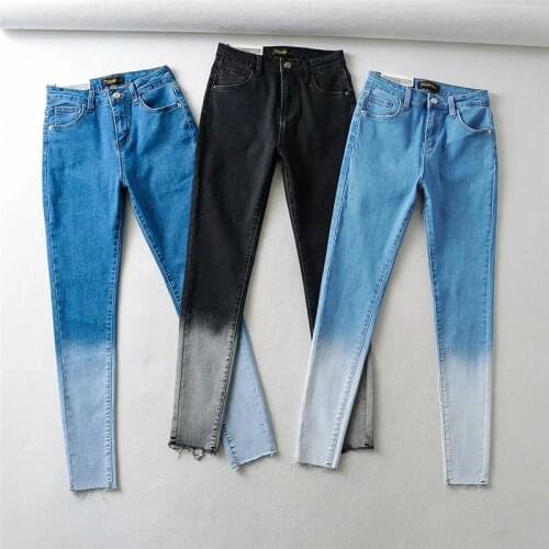 Womens Jeans High Waist Denim Trousers Female 2021 Fashion Gradient Color Stretch Slim Skinny Nine Points Pencil Pants