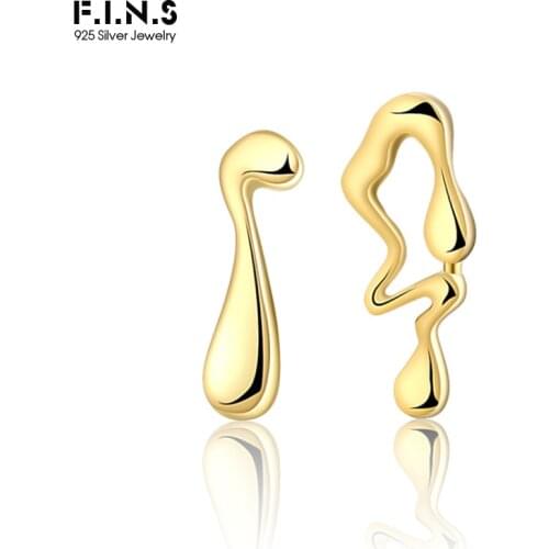 F.I.N.S Korea Style Woman Pure 925 Sterling Silver Earrings Abstract Asymmetrical Glossy Irregular Small Waterdrop Earrings