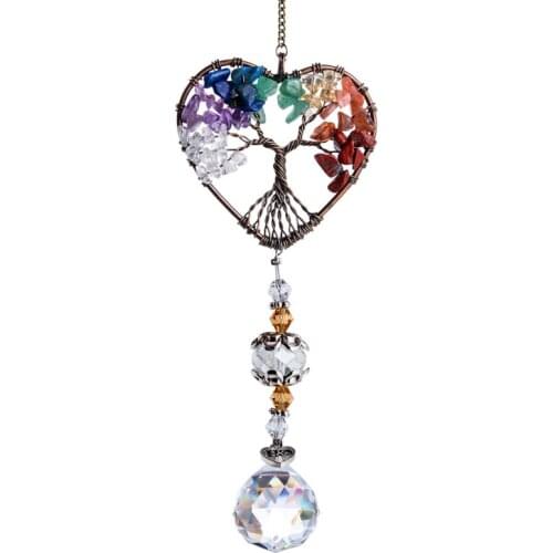 H&D Handmade 7 Chakra Stone Healing Crystal Tree of life Suncatcher Rainbow Maker for Indoor Outdoor Decoration Ornament Gift