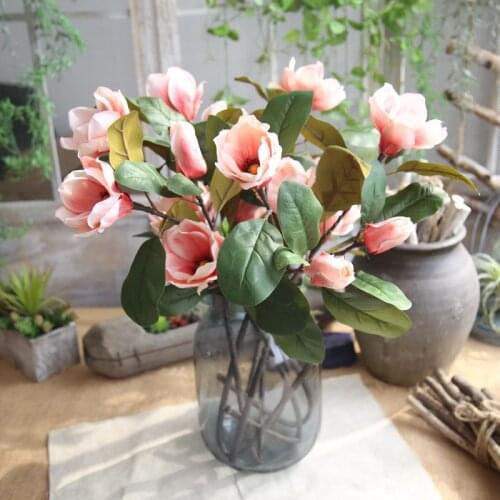 Artificial Silk Flower 3 Head Long Branches Magnolia For Home Living Room Decoration Fake Flower Party Birthday Festival Decor