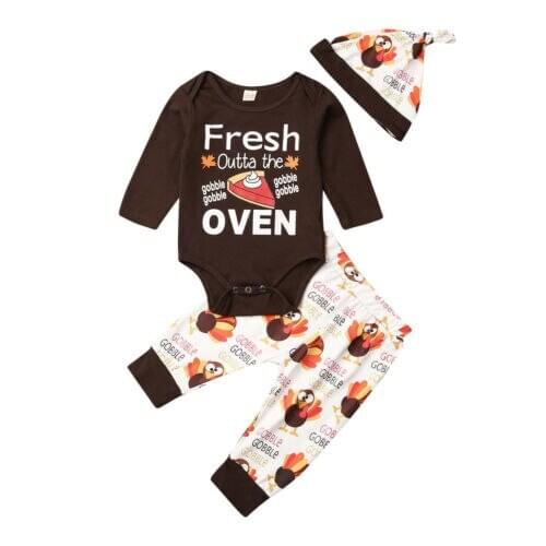 Infant Baby Boy Girl Thanksgiving Clothes Set Print Cartoon Romper Top Trousers Hat Winter Clothes
