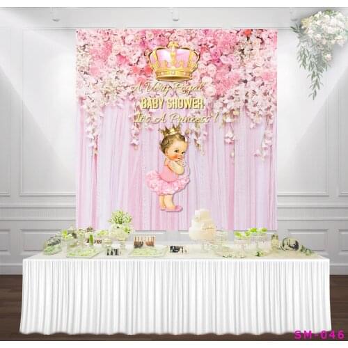 Royal Baby Shower Backdrops Floral Pink Princess Girl Babyshower Golden Crown Curtain Photo Backgrounds Cake Table Bar Banners