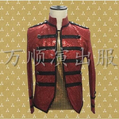 Red clothes men suits designs masculino homme terno stage costumes for singers jacket men sequins blazer dance stand collar
