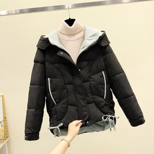 Short Down Cotton Jacket Female 2021 New Winter Korean Loose Zipper Pocket Hooded Fashion Hidden Button Casaco Feminino Inverno