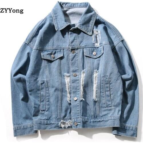 Bomber Ripped Denim Jacket Men Hole Jean Coats Cotton Turndown Collar Long Sleeve Casual Fashion Blue Large Size Cowboy Clothing