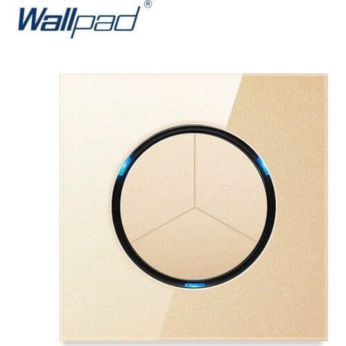 Wallpad 3 Gang 2 Way Random Click Wall Light Switch With LED Indicator Gold Crystal Glass Panel For Home