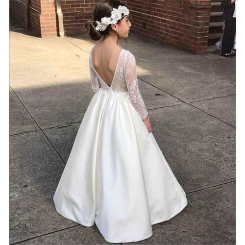 Long Sleeves Flower Girl Dresses with V Back Little Bridesmaid Dresses Wedding Party Birthday