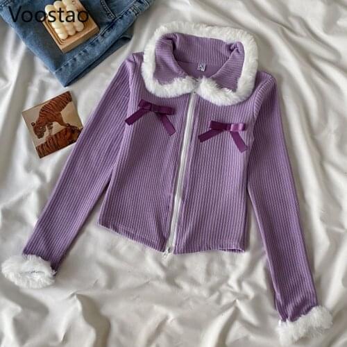 Autumn Winter Women Sweet Knitted Cardigan New Fashion Cute Bow Plush Patchwork Slim Cropped Sweater Spring Girly Sexy Coats