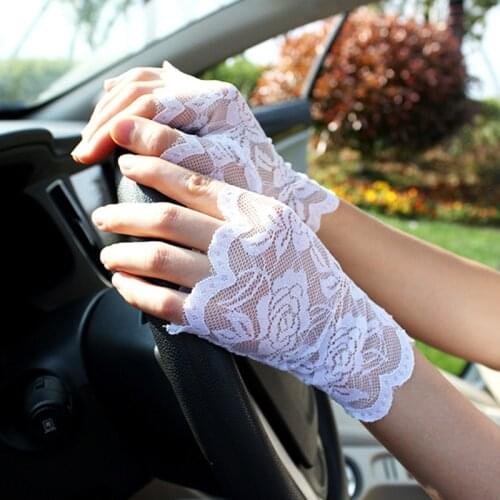Womens Lace Gloves Black Thin Flowers Fingerless Gloves Outdoor Sunscreen Mesh Driving Etiquette Wedding Gloves Mittens