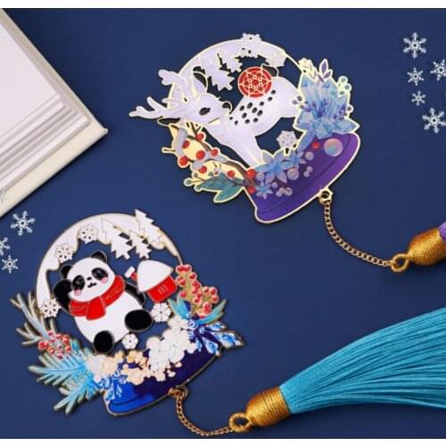 Christmas Panda Bookmark Cartoon Deer Art Tassel Pendant Pattern Book Mark Page Folder Decor Office School Supplies Stationery