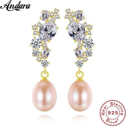 100% S925 Sterling Silver Pearl Zircon Stud Earrings 8-9mm Natural Freshwater Pearl Female Silver Earrings