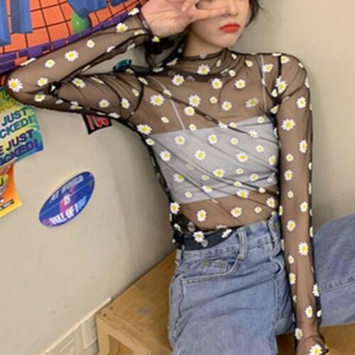 Korean Style Mesh Top Summer Daisy Flower Print Mesh Shirt Harajuku Cute Lace Flower Shirt Long Sleeve Mesh Sunscreen Top