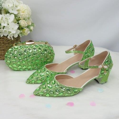 BaoYaFang Light Green Crystal Sandals Womens wedding shoes with matching bag Bride Pointed toe Thick Heel Buckle Sandals woman