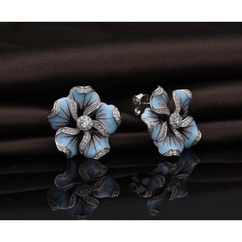Utimtree High Quality 925 sterling silver Fashion Clear CZ flower Enamel Earrings For Women Luxury Party Jewelry