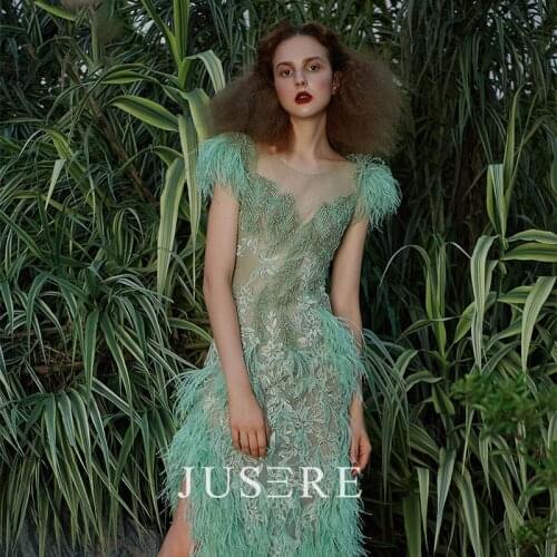 Green color sheath scoop neckline cap sleeves applique beading feather high split ankle length evening dress prom dress